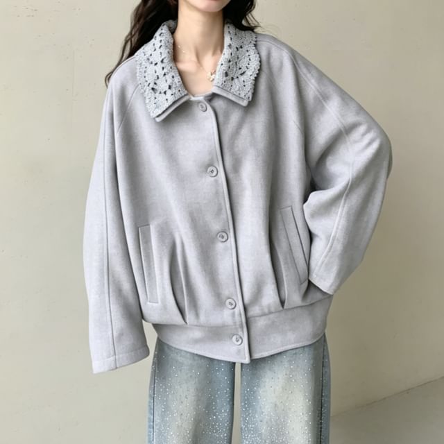 Acoustic Rain-Lace Collar Button-Up Plain Jacket
