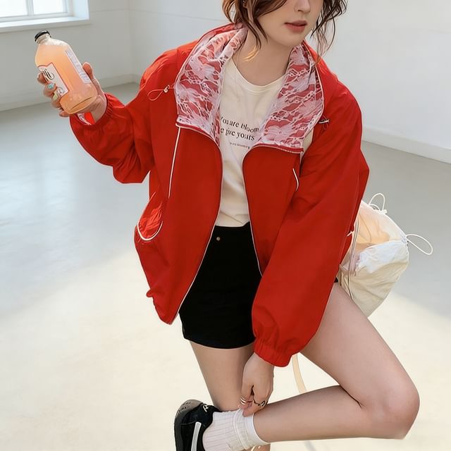 Acoustic Rain-Lace Panel Hooded Zip-Up Jacket
