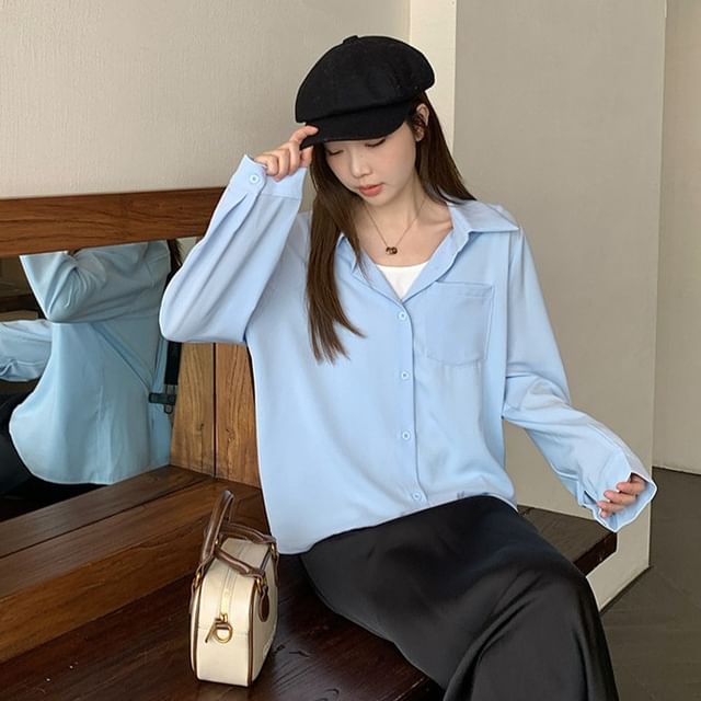 Acoustic Rain-Long-Sleeve Pocketed Plain Shirt