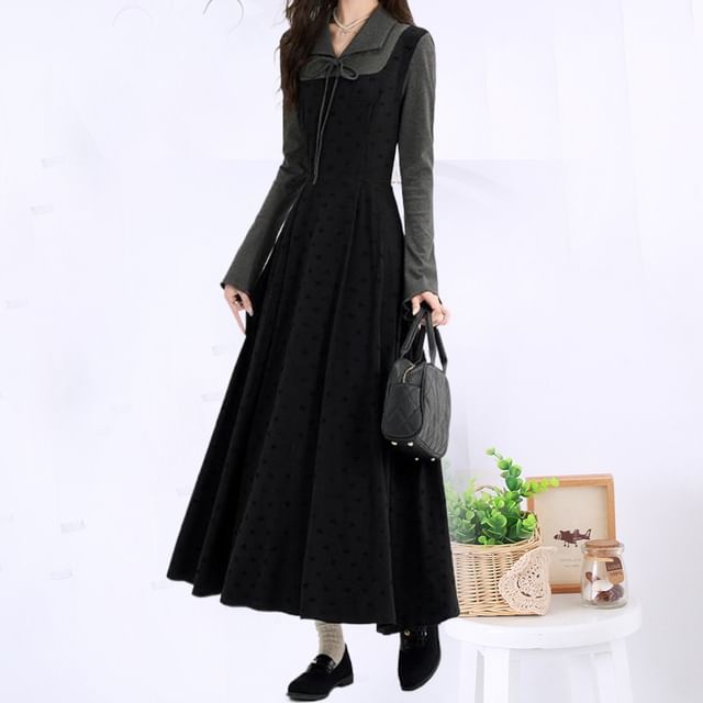 Acoustic Rain-Mock Two-Piece Long-Sleeve Collared Two Tone Maxi A-Line Dress