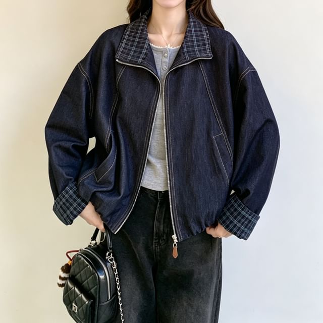Acoustic Rain-Plaid Trim Collared Drop Shoulder Denim Zip Jacket