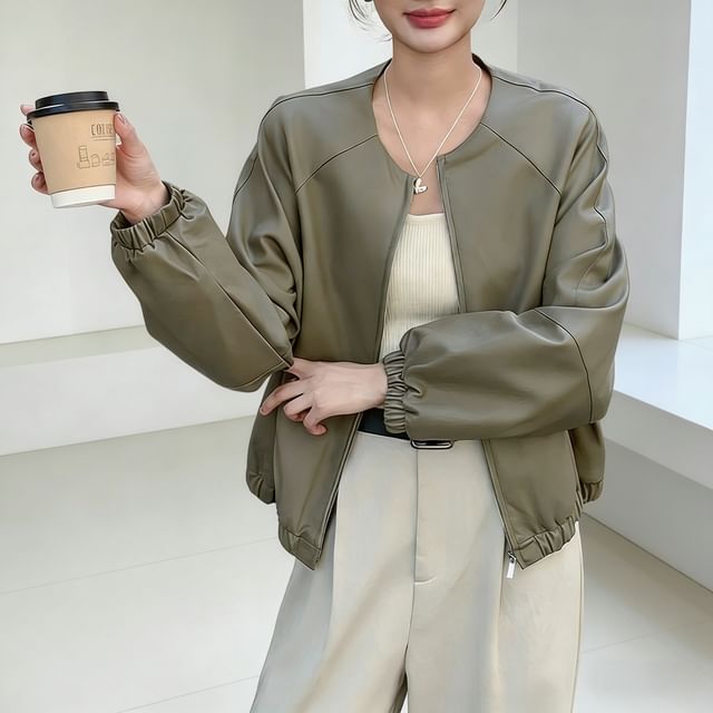 Acoustic Rain-Round Neck Plain Faux Leather Zip Jacket