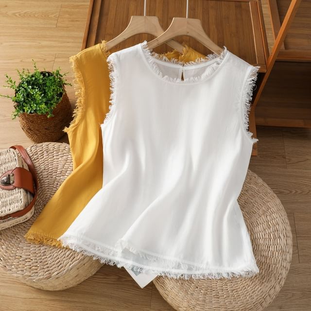 Acoustic Rain-Round Neck Plain Fringed Tank Top