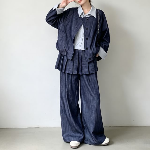 Acoustic Rain-Set Collared Mock Two Piece Button Up Jacket High Waist Wide Leg Pants Mid Rise Mini Pleated Skirt