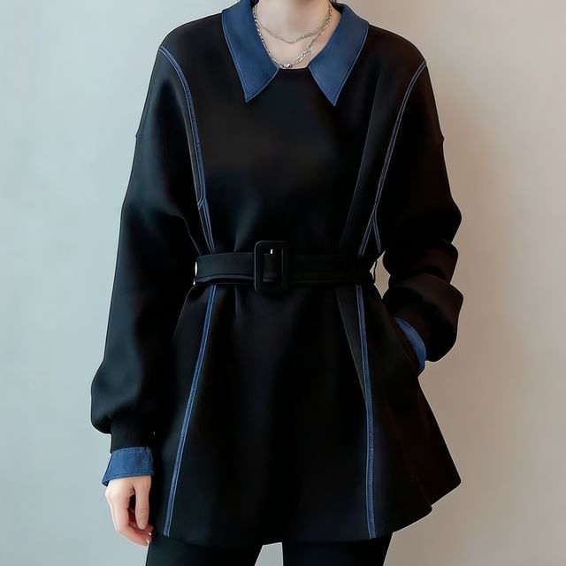 Acoustic Rain-Set Collared Two Tone Oversized Sweatshirt Belt