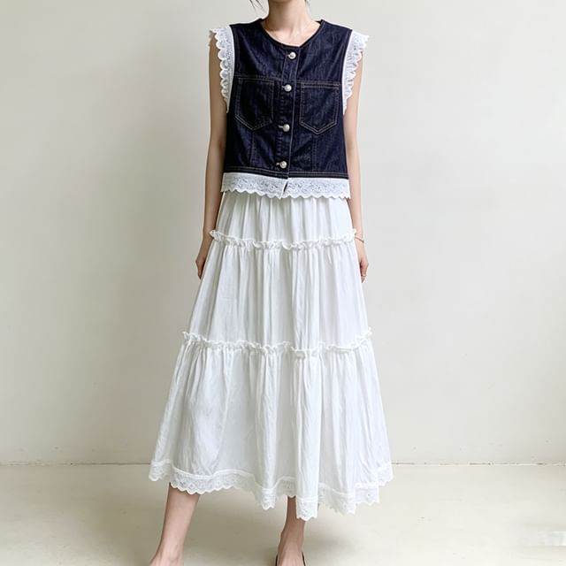 Acoustic Rain-Set Crew Neck Lace Panel Button-Up Denim Vest Spaghetti Strap V-Neck Plain Frill Trim Midi A-Line Dress