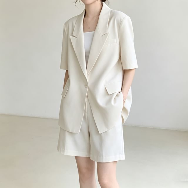 Acoustic Rain-Set Elbow-Sleeve Peak Lapel Plain One-Buttoned Blazer High Waist Wide Leg Dress Shorts