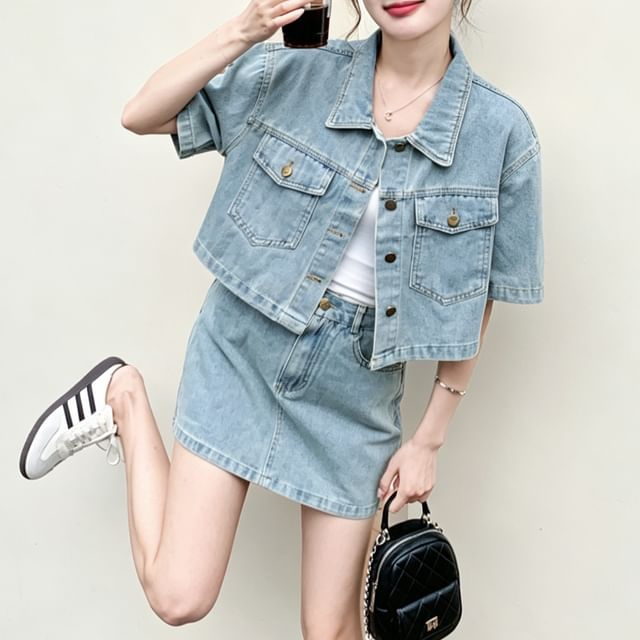 Acoustic Rain-Set Short-Sleeve Button-Up Denim Jacket Mini Pencil Skirt