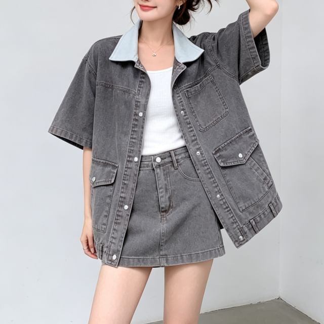Acoustic Rain-Set Short-Sleeve Collared Washed Button Up Shirt Mid Rise Mini A-Line Skirt
