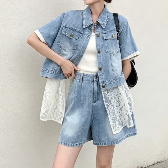 Acoustic Rain-Set Short-Sleeve Collared Washed Denim Lace Panel Button Up Shirt Mid Rise Wide Leg Shorts