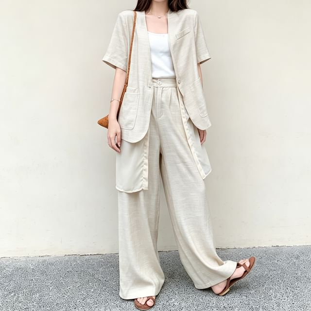Acoustic Rain-Set Short-Sleeve Collarless Plain Single Button Blazer High Waist Plain Wide Leg Pants