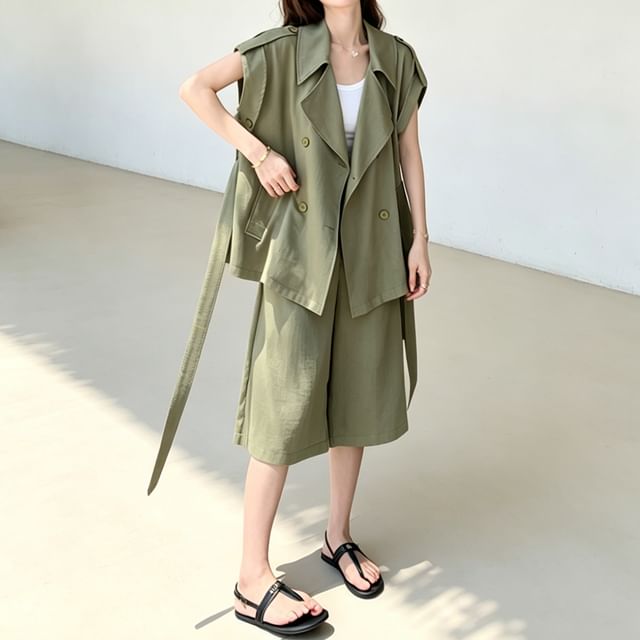 Acoustic Rain-Set Short-Sleeve Double Breasted Plain Jacket High Waist Capri Pants