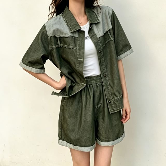 Acoustic Rain-Set Short-Sleeve Patchwork Button-Up Denim Shirt Wide Leg Shorts