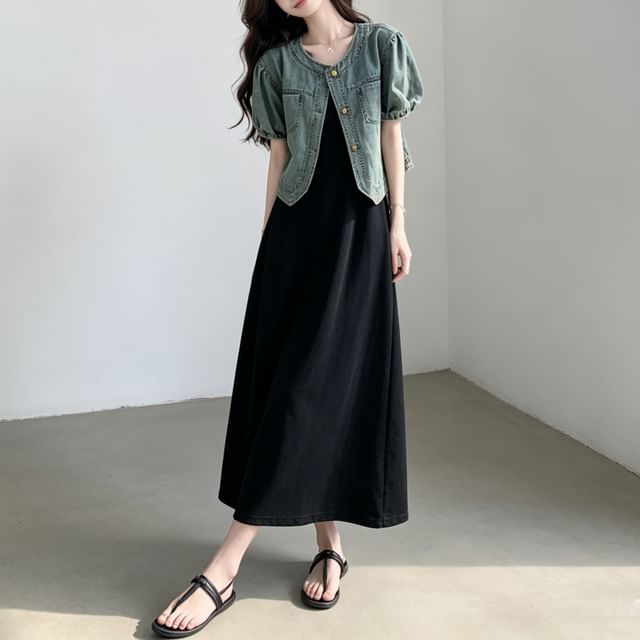 Acoustic Rain-Set Short-Sleeve Round Neck Washed Denim Button Up Jacket Sleeveless Round Neck Plain Midi A-Line Dress