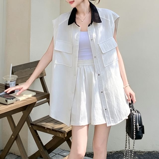 Acoustic Rain-Set Sleeveless Collared Two Tone Button Up Shirt Elastic Waist Plain Wide Leg Shorts