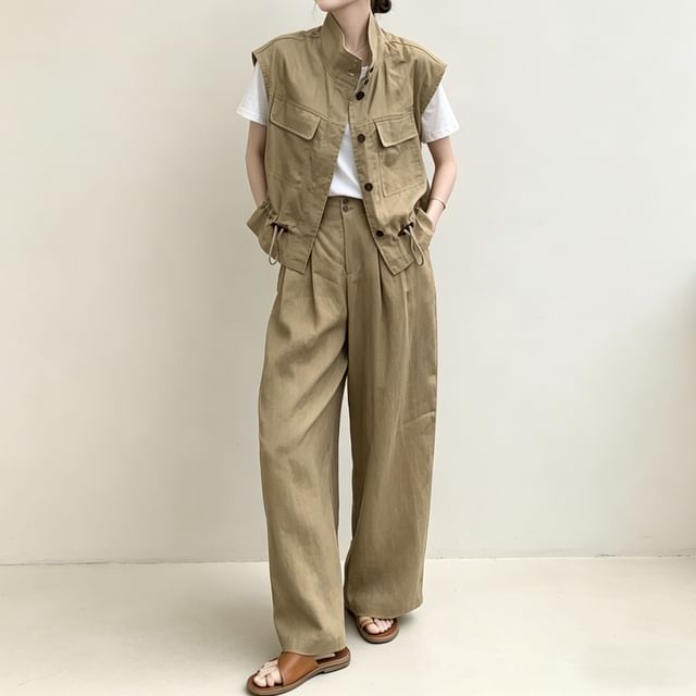 Acoustic Rain-Set Stand Collar Drawstring Waist Button-Up Plain Vest High Waist Wide Leg Pants