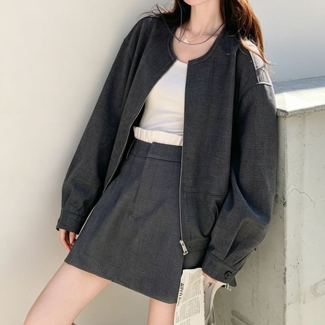 Acoustic Rain-Set U-Neck Zip-Up Jacket Mid Waist Plain Mini A-Line Skirt