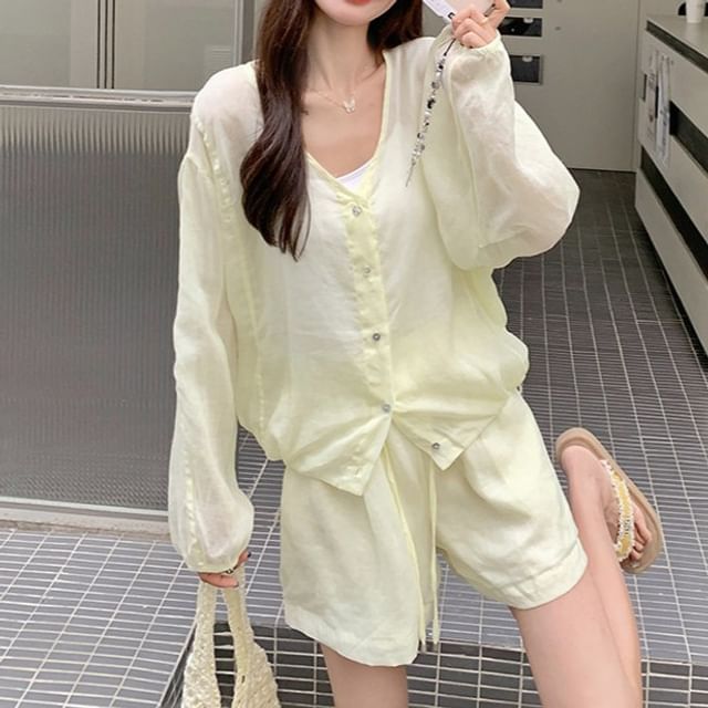 Acoustic Rain-Set V-Neck Button-Up Plain Light Jacket Drawstring Waist Wide Leg Shorts