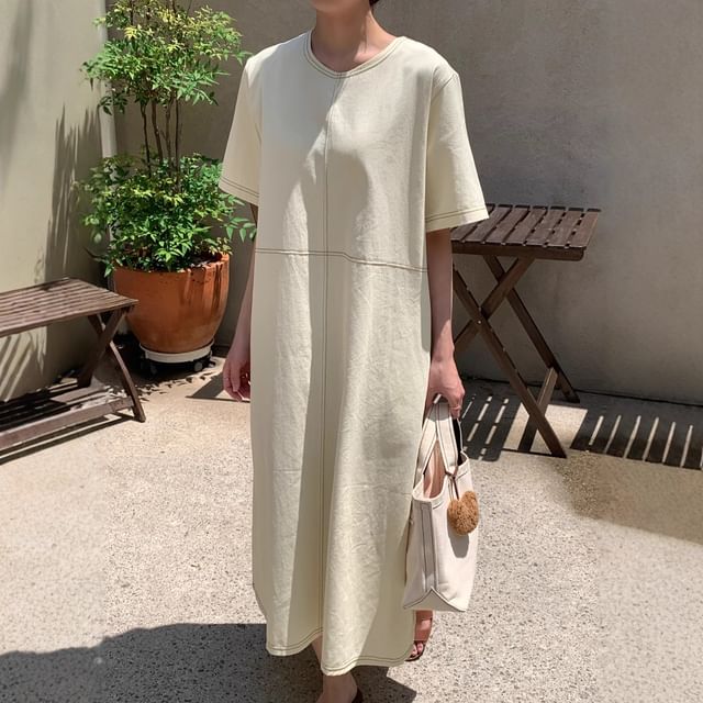 Acoustic Rain-Short-Sleeve Crew Neck Plain Contrast Stitching Maxi Smock Dress