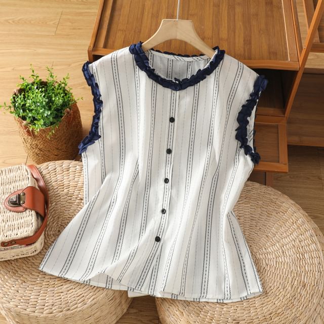 Acoustic Rain-Sleeveless Round Neck Striped Button Up Top