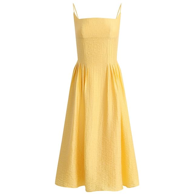 Acoustic Rain-Spaghetti Strap Plain Midi A-Line Dress