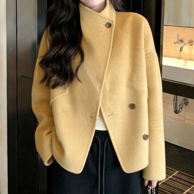 Acoustic Rain-Stand Collar Asymmetrical Button-Up Plain Jacket