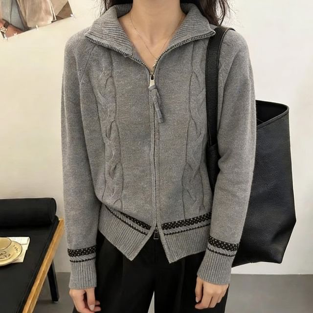 Acoustic Rain-Stand Collar Dotted Panel Cable Knit Zip Cardigan