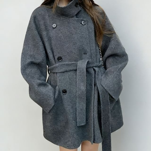 Acoustic Rain-Stand Collar Double-Breasted Plain Coat