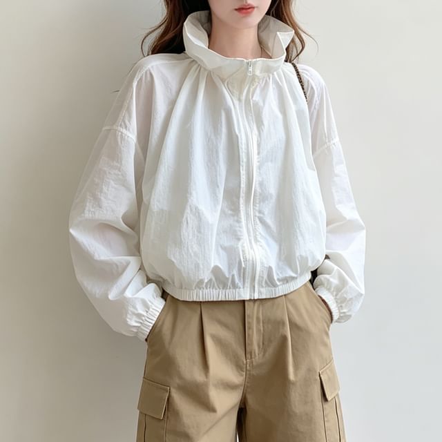 Acoustic Rain-Stand Collar Drop Shoulder Plain Zip Windbreaker