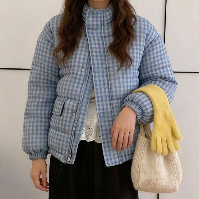 Acoustic Rain-Stand Collar Gingham Hood Zip Puffer Jacket