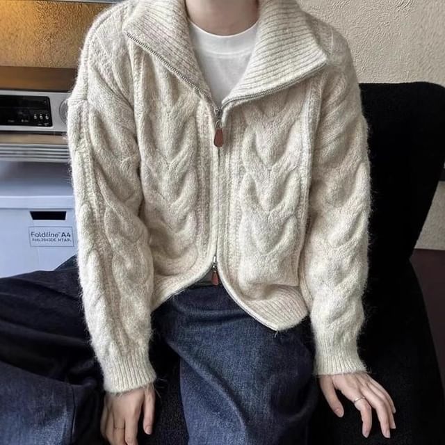 Acoustic Rain-Stand Collar Plain Cable Knit Zip Cardigan
