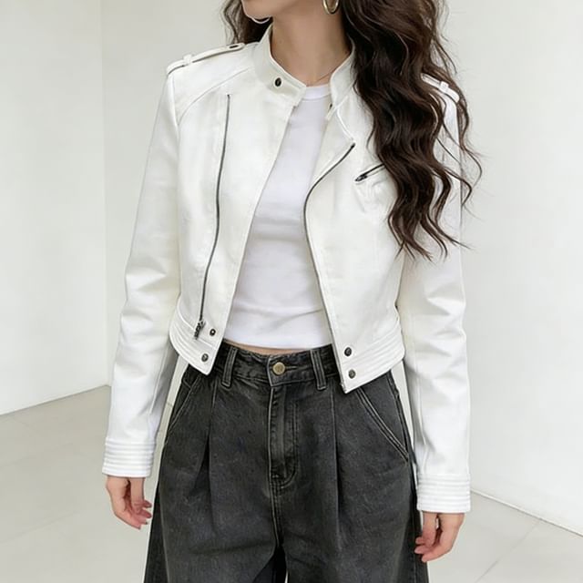 Acoustic Rain-Stand Collar Plain Crop Zip Jacket