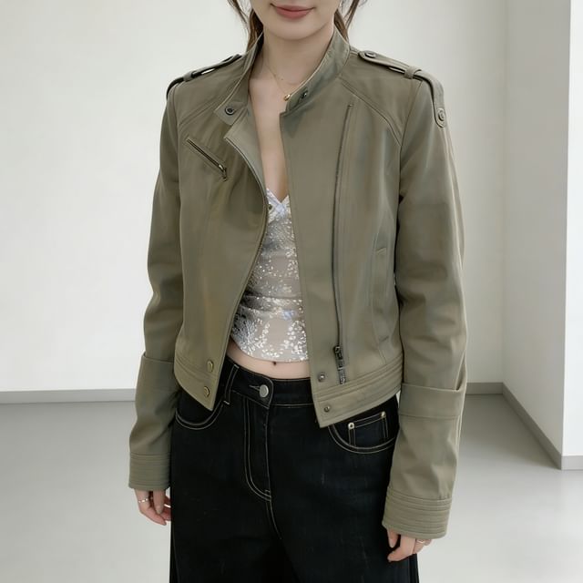 Acoustic Rain-Stand Collar Plain Crop Zip Jacket