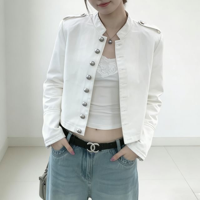 Acoustic Rain-Stand Collar Plain Denim Button Up Jacket