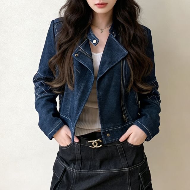 Acoustic Rain-Stand Collar Plain Denim Zip Jacket