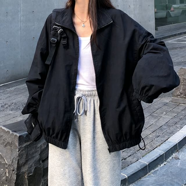 Acoustic Rain-Stand Collar Plain Drawstring Zip Windbreaker