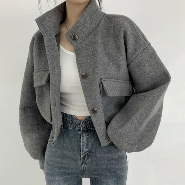 Acoustic Rain-Stand Collar Plain Large Flap Pocket Button Jacket