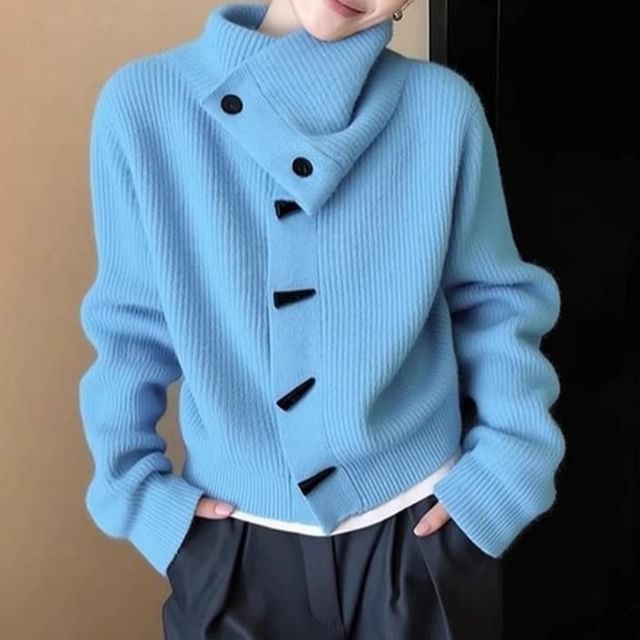 Acoustic Rain-Stand Collar Plain Ribbed Toggle Cardigan