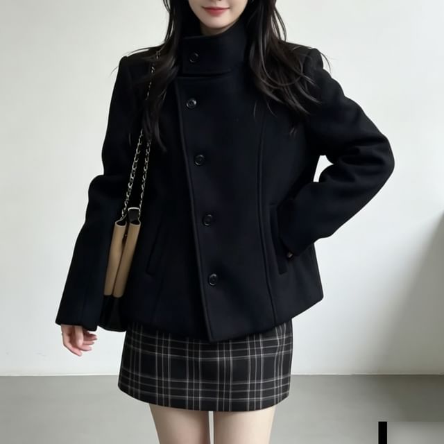 Acoustic Rain-Stand Collar Plain Single-Breasted Jacket Mid Rise Plaid Mini Pencil Skirt Set