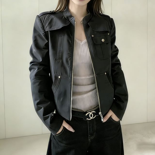 Acoustic Rain-Stand Collar Plain Zip Jacket