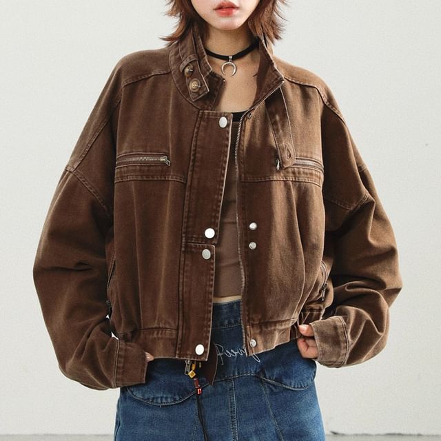 Acoustic Rain-Stand Collar Plain Zip-Up Jacket