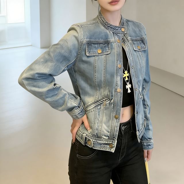 Acoustic Rain-Stand Collar Washed Denim Button Up Jacket
