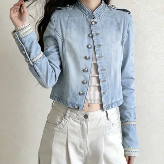 Acoustic Rain-Stand Collar Washed Denim Button Up Jacket