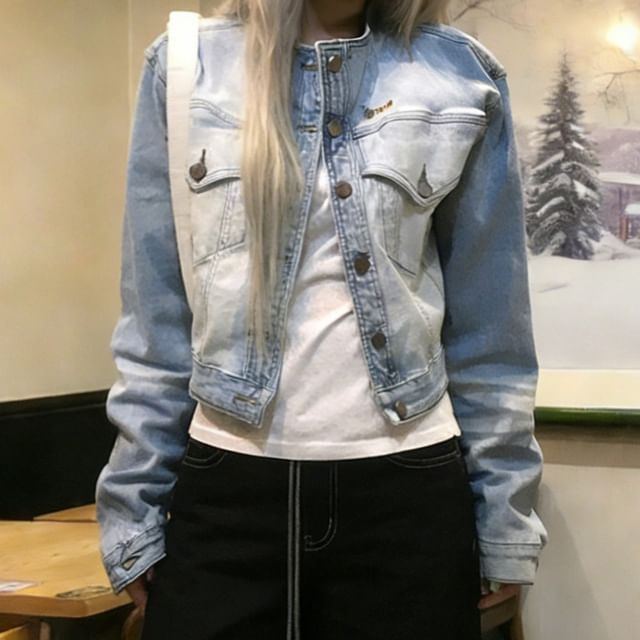 Acoustic Rain-Stand Collar Washed Denim Button Up Jacket