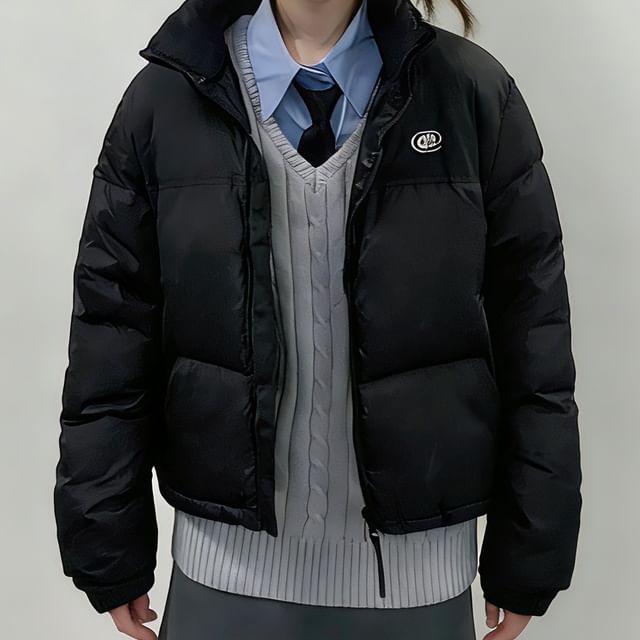 Acoustic Rain-Stand Collar Zip-Up Plain Crop Puffer Jacket