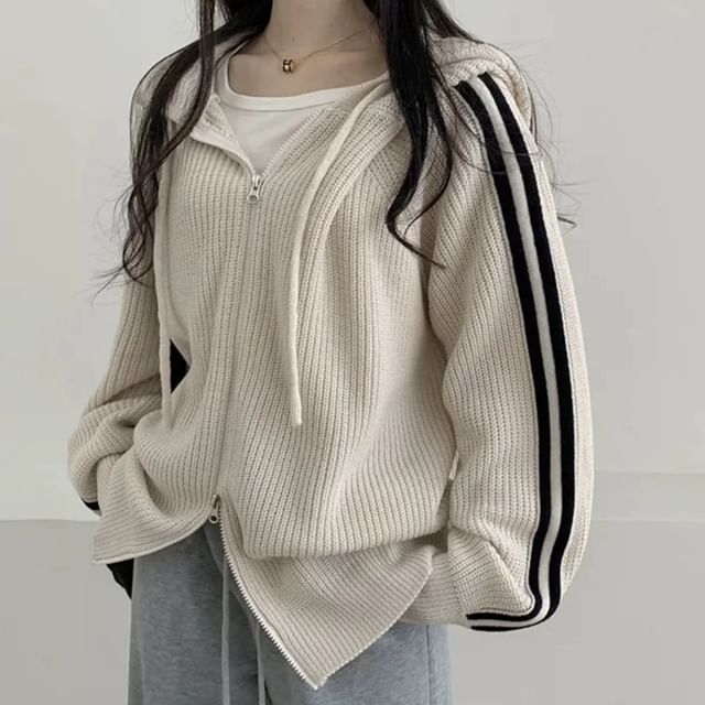 Acoustic Rain-Striped Side Zip-Up Knit Hoodie