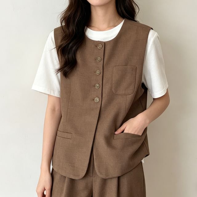 Acoustic Rain-U-Neck Button-Up Plain Vest