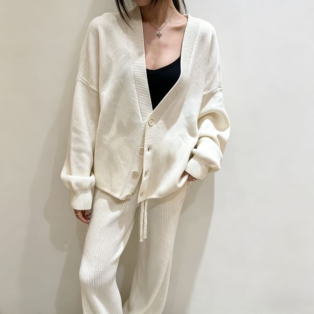 Acoustic Rain-V-Neck Button-Up Plain Cardigan Knit Pants
