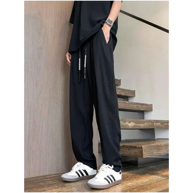 Acrius-Drawstring Waist Plain Loose Fit Pants
