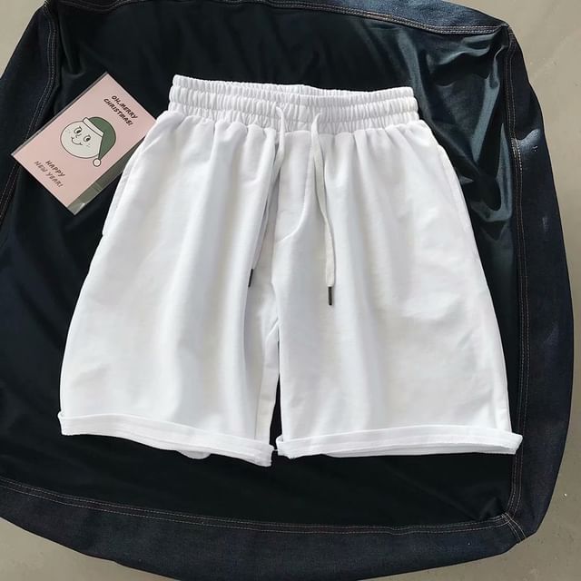 Acrius-Drawstring Waist Plain Shorts